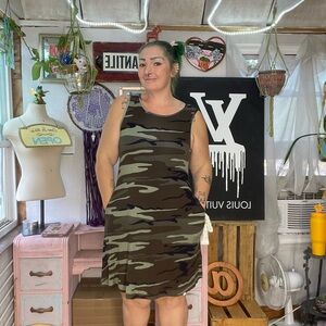 Casual Green and Brown Camouflage Sheath Mini Dress